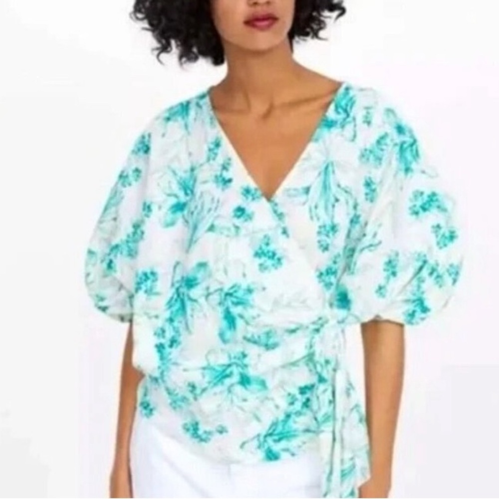 Zara Linen Floral Print Wrap Blouse